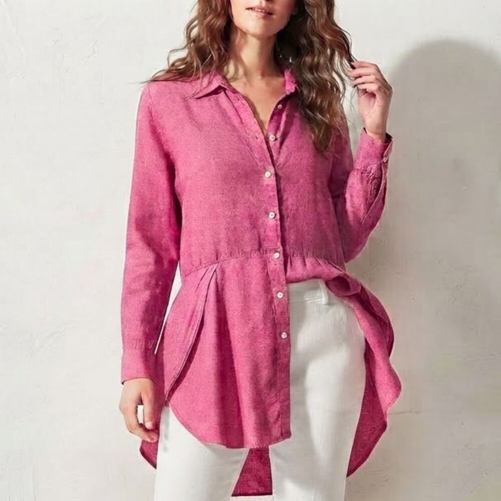 Coldwater Creek 100% Linen Button Down Shirt Pink Large Tiered Peplum Lagenlook